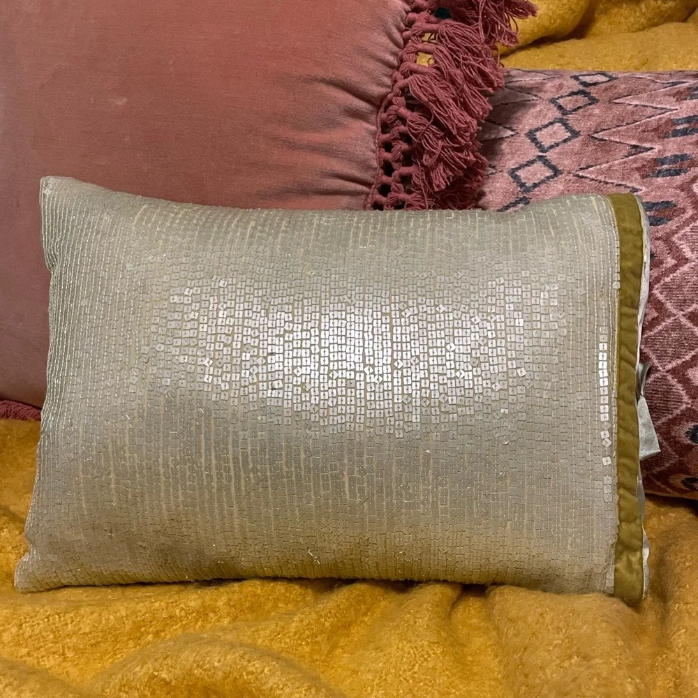 Michele Varian Silk and Sequin throw pillow cover with down insert seafoam green